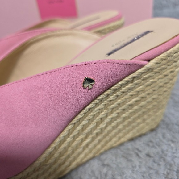 Kate Spade Thea Pink Suede Espadrille Wedge Mules Logo Side 8.5M NEW - Picture 2 of 7